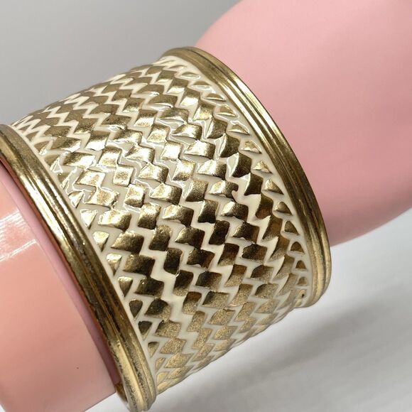 Banana Republic Gold Tone White Enamel Woven Embossed Wide Open Cuff Bracelet - Picture 4 of 7